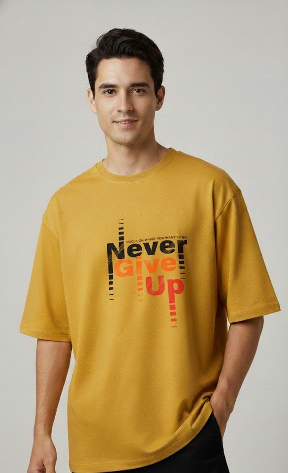 NEVER GIVE UP ORANGE PRINTED COTTON ROUND NECK OVERSIZE T-SHIRTS
