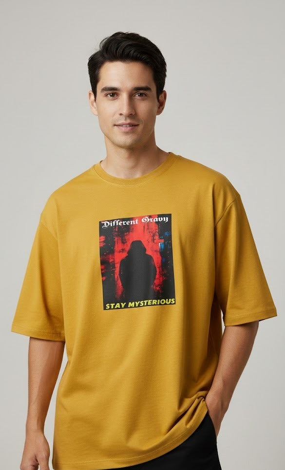DIFFERENT GRAVY STAY MYSTERIOUS PRINTED COTTON ROUND NECK OVERSIZE T-SHIRTS