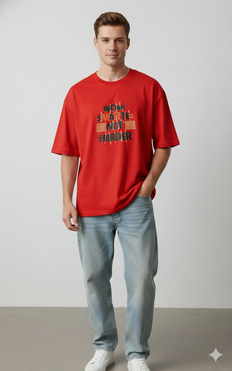 WORK SMARTER NOT HARDER PRINTED COTTON ROUND NECK OVERSIZE T-SHIRTS
