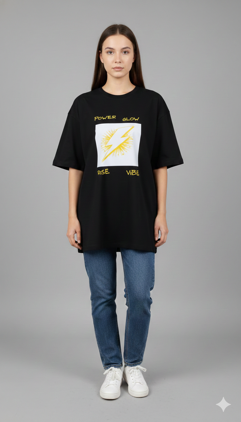 POWER GLOW RISE VIBE PRINTED COTTON ROUND NECK OVERSIZE T-SHIRTS