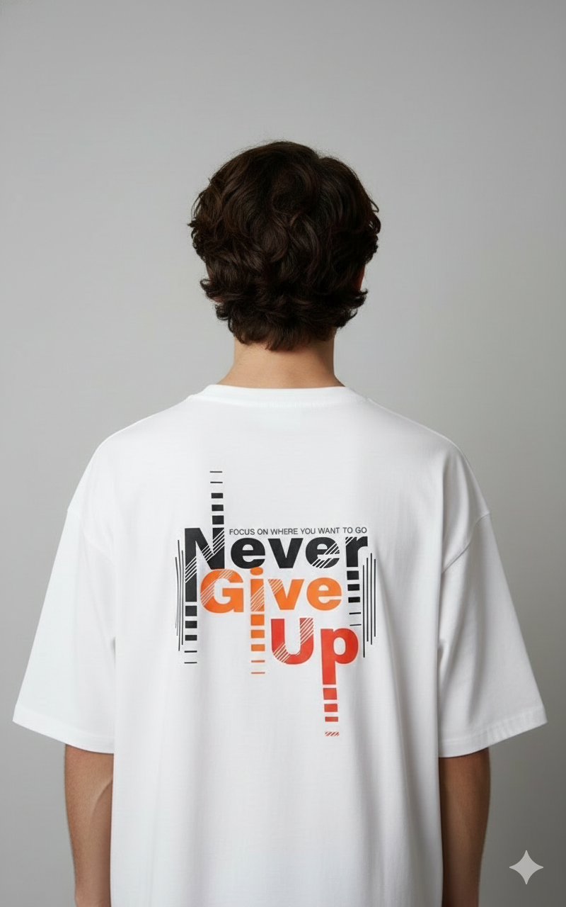 NEVER GIVE UP ORANGE PRINTED COTTON ROUND NECK OVERSIZE T-SHIRTS BACK