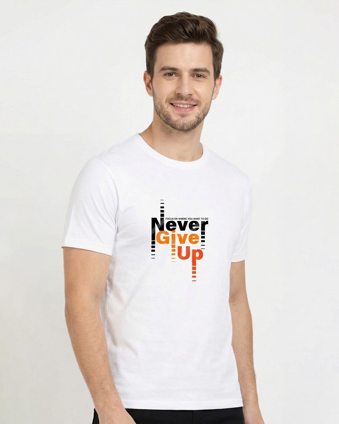 NEVER GIVE UP ORANGE PRINTED COTTON ROUND NECK T-SHIRT