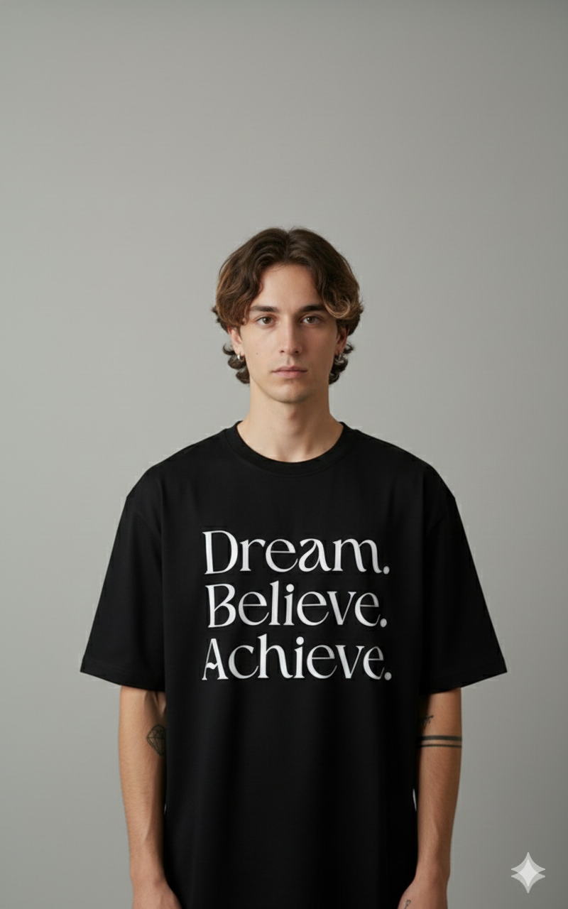 DREAM BELIEVE ACHIEVE PRINTED COTTON ROUND NECK OVERSIZE T-SHIRTS