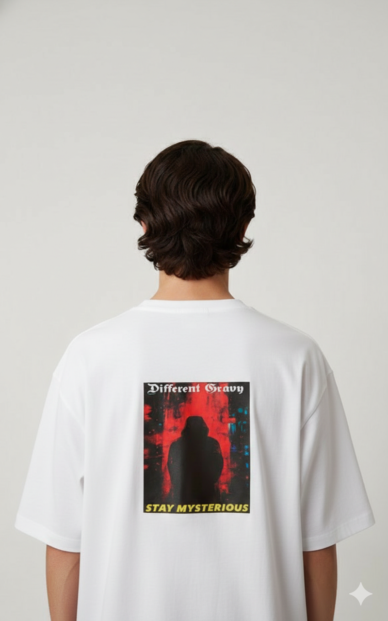 DIFFERENT GRAVY STAY MYSTERIOUS PRINTED COTTON ROUND NECK OVERSIZE T-SHIRTS BACK