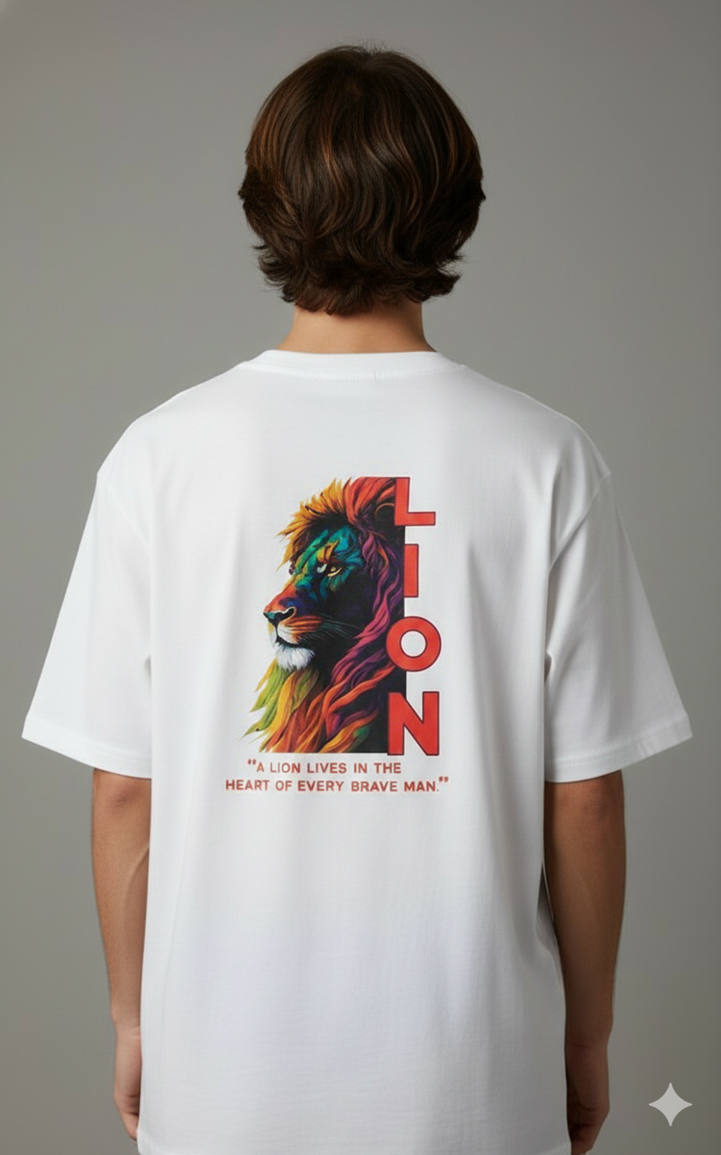 LION PRINTED COTTON ROUND NECK OVERSIZE T-SHIRTS BACK