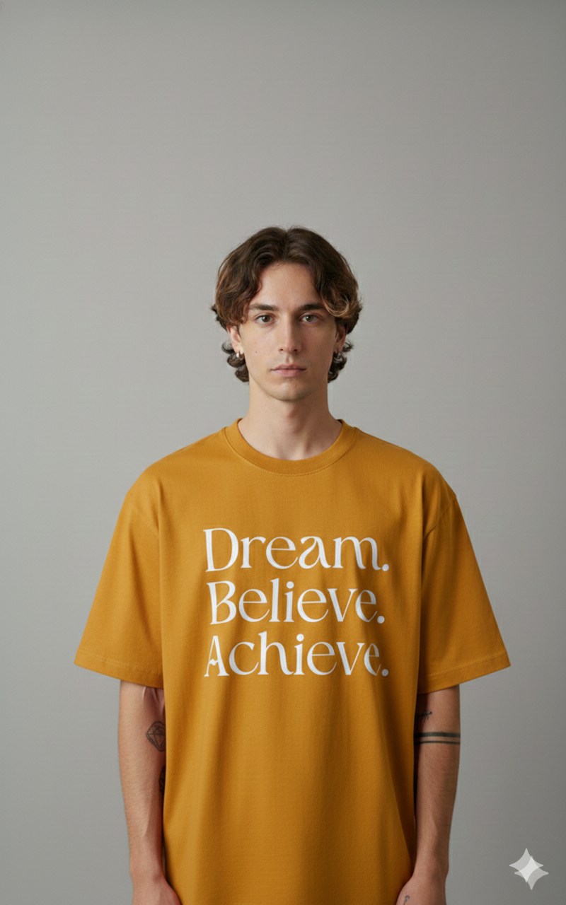 DREAM BELIEVE ACHIEVE PRINTED COTTON ROUND NECK OVERSIZE T-SHIRTS