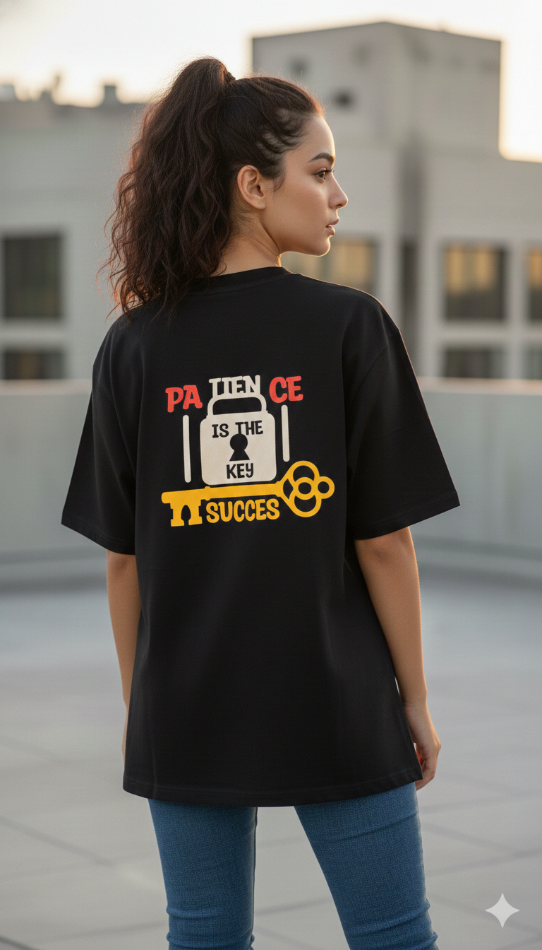 PATIENCE IS THE KEY TALENT PRINTED COTTON ROUND NECK OVERSIZE T-SHIRTS BACK