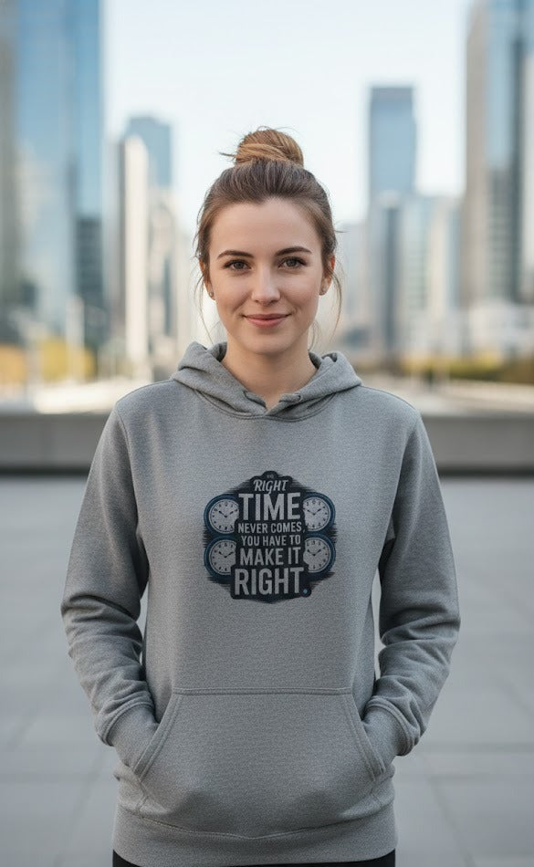 RIGHT TIME & MOTIVATION PRINTED COTTON HOODIES 300 GSM