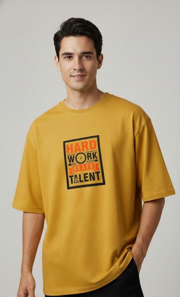 HARD WORK BEATS TALENT PRINTED COTTON ROUND NECK OVERSIZE T-SHIRTS
