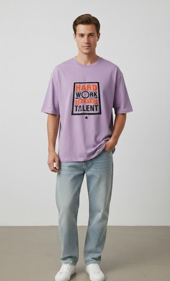 HARD WORK BEATS TALENT PRINTED COTTON ROUND NECK OVERSIZE T-SHIRTS