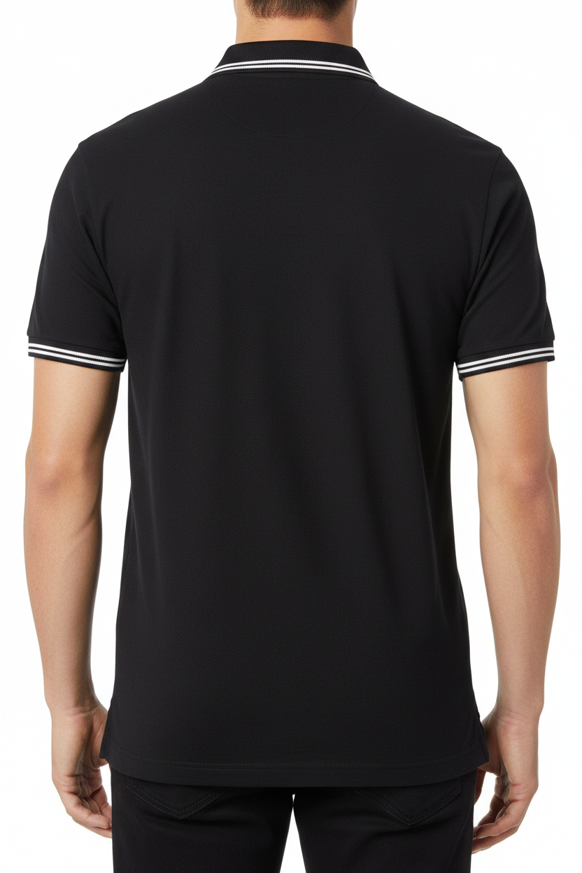 i want a black t-shirt polo with tipped white stripe on neck and hand end and a model wearing that back side with full screen