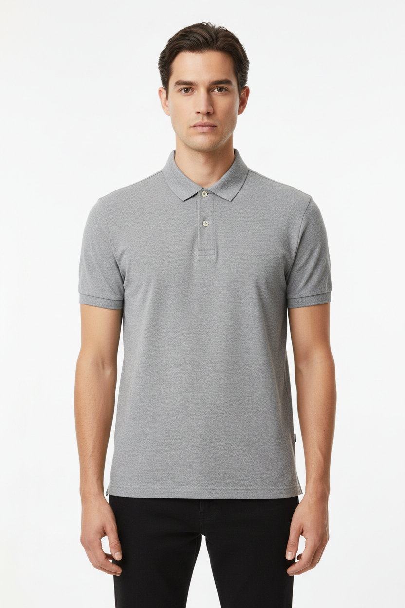 i want a grey t-shirt polo and a model wearing it front side full screen